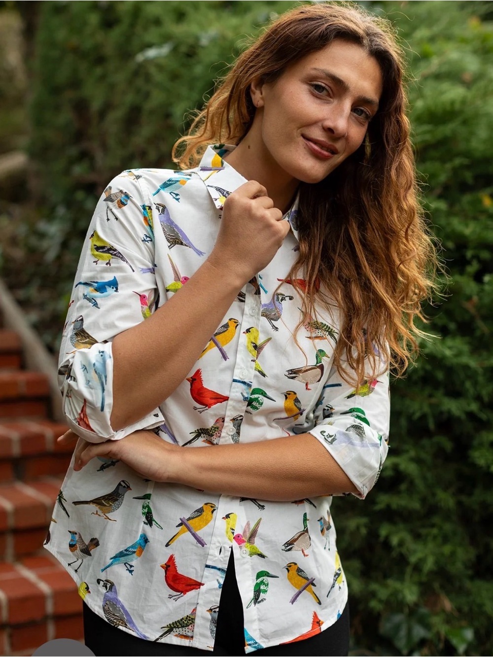 Lesley Evers Cotton Poplin button-down shirt in Bird Print - Picture 4 of 4